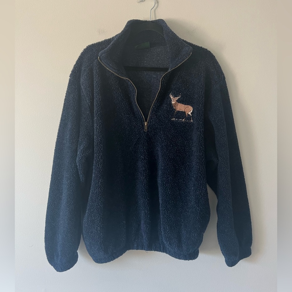 Wild Wings Deer Embroidered Sherpa Quarter Zip Pullover Navy Cozy Fleece M